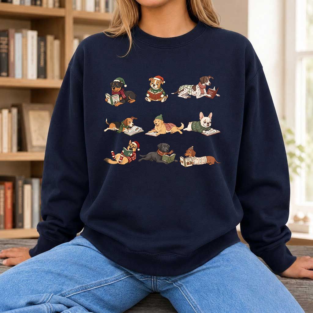 Cozy Dogs Reading Christmas Printed Sweatshirt | Christmas Reader Gift Navy