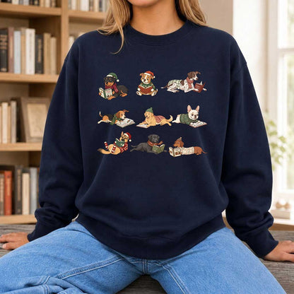 Cozy Dogs Reading Christmas Printed Sweatshirt | Christmas Reader Gift Navy