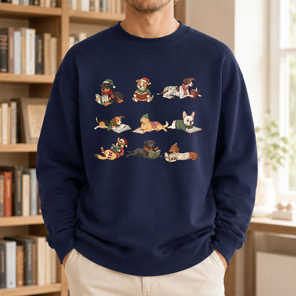 Cozy Dogs Reading Christmas Printed Sweatshirt | Christmas Reader Gift Navy