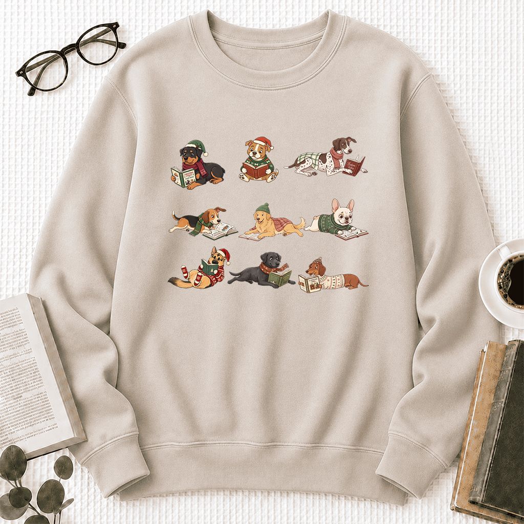 Cozy Dogs Reading Christmas Printed Sweatshirt | Christmas Reader Gift Sand