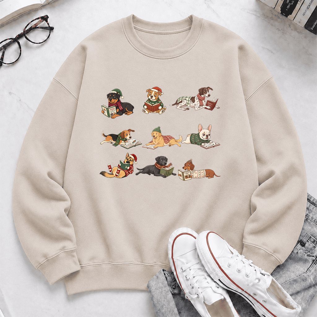 Cozy Dogs Reading Christmas Printed Sweatshirt | Christmas Reader Gift Sand