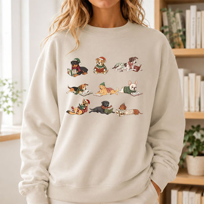 Cozy Dogs Reading Christmas Printed Sweatshirt | Christmas Reader Gift Sand