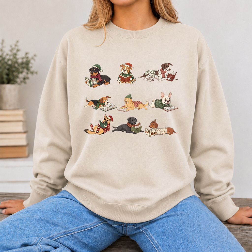 Cozy Dogs Reading Christmas Printed Sweatshirt | Christmas Reader Gift Sand