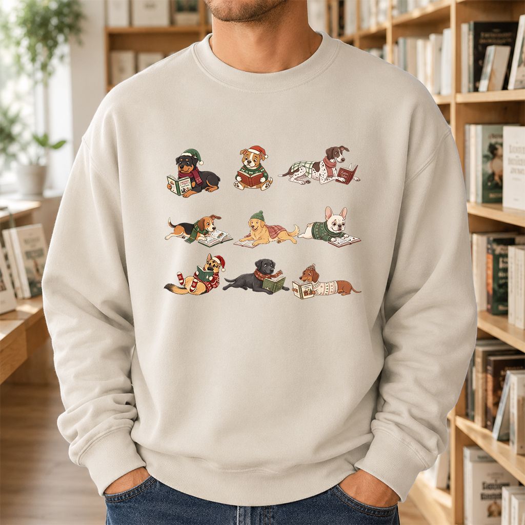 Cozy Dogs Reading Christmas Printed Sweatshirt | Christmas Reader Gift Sand