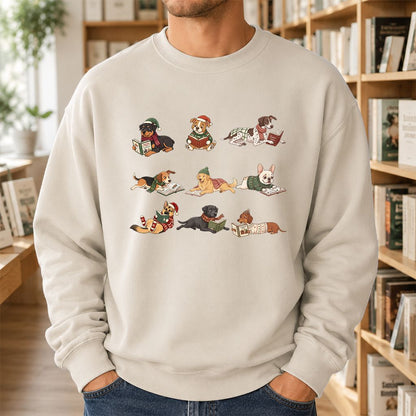 Cozy Dogs Reading Christmas Printed Sweatshirt | Christmas Reader Gift Sand