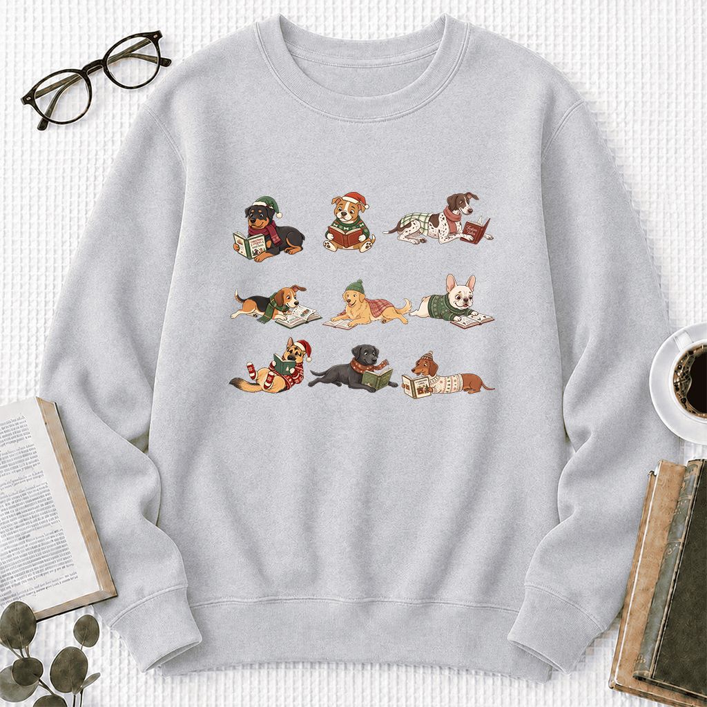 Cozy Dogs Reading Christmas Printed Sweatshirt | Christmas Reader Gift Sport Grey