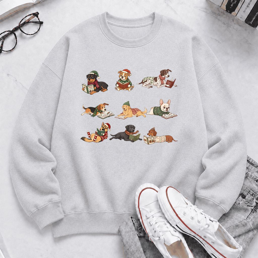 Cozy Dogs Reading Christmas Printed Sweatshirt | Christmas Reader Gift Sport Grey