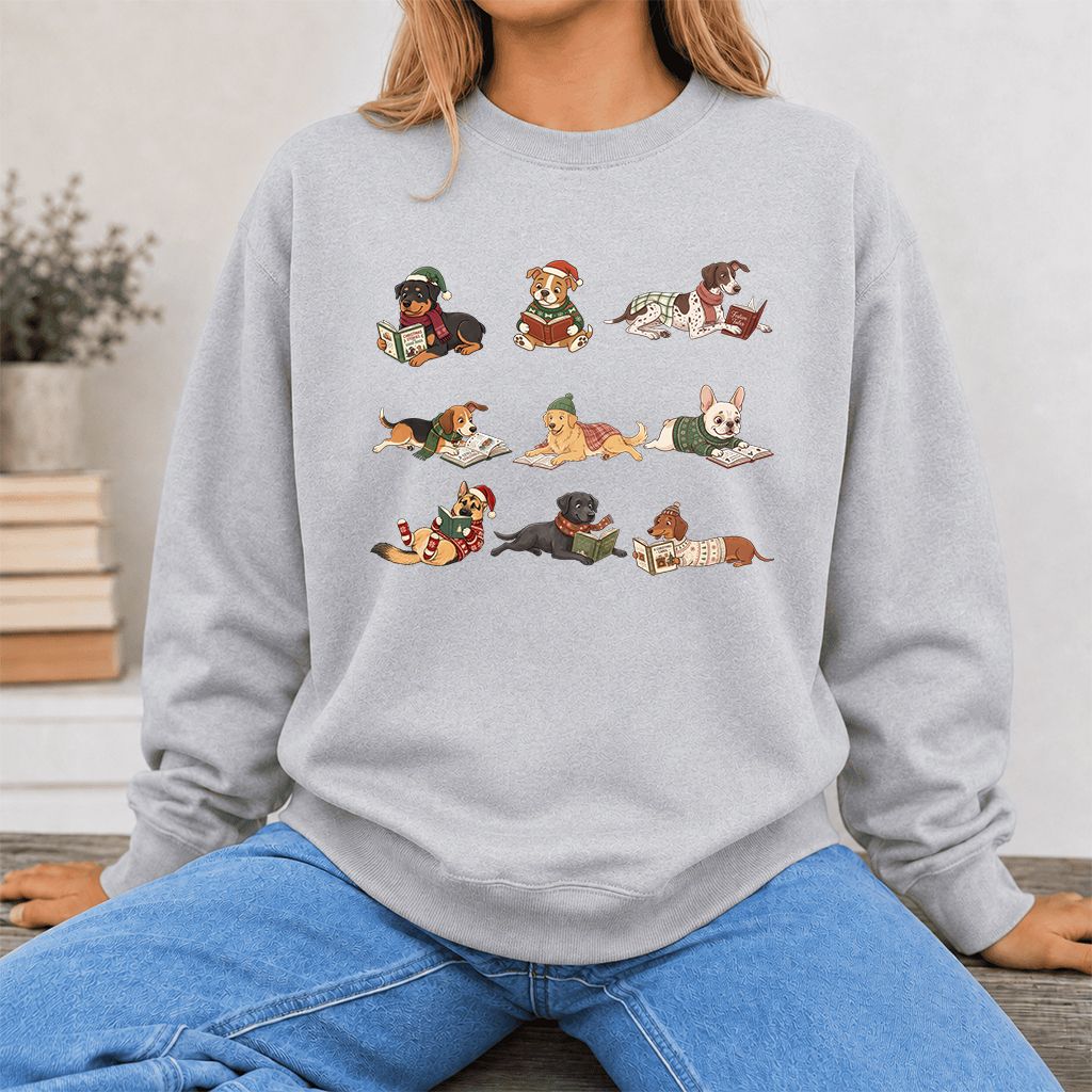 Cozy Dogs Reading Christmas Printed Sweatshirt | Christmas Reader Gift Sport Grey