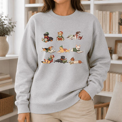 Cozy Dogs Reading Christmas Printed Sweatshirt | Christmas Reader Gift Sport Grey