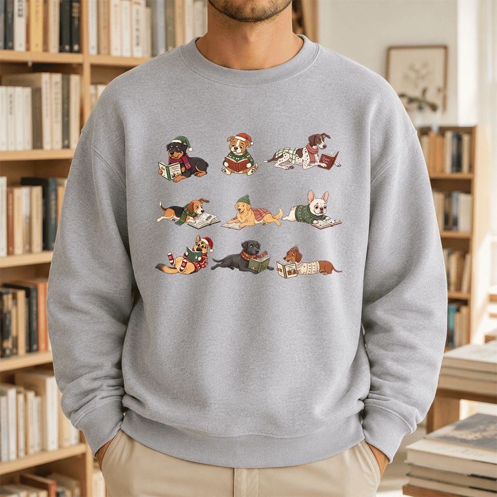 Cozy Dogs Reading Christmas Printed Sweatshirt | Christmas Reader Gift Sport Grey