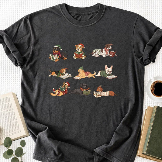 Cozy Dogs Reading Christmas Printed T-Shirt | Christmas Reader Gift Dark Heather