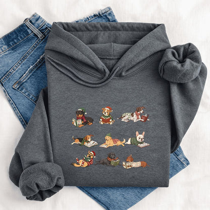 Cozy Dogs Reading Christmas Softstyle Hoodie | Christmas Reader Gift Dark Heather