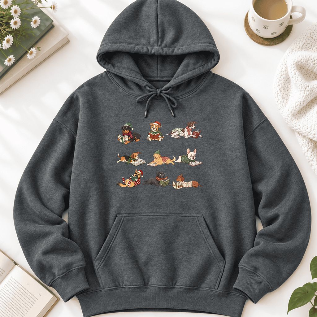 Cozy Dogs Reading Christmas Softstyle Hoodie | Christmas Reader Gift Dark Heather