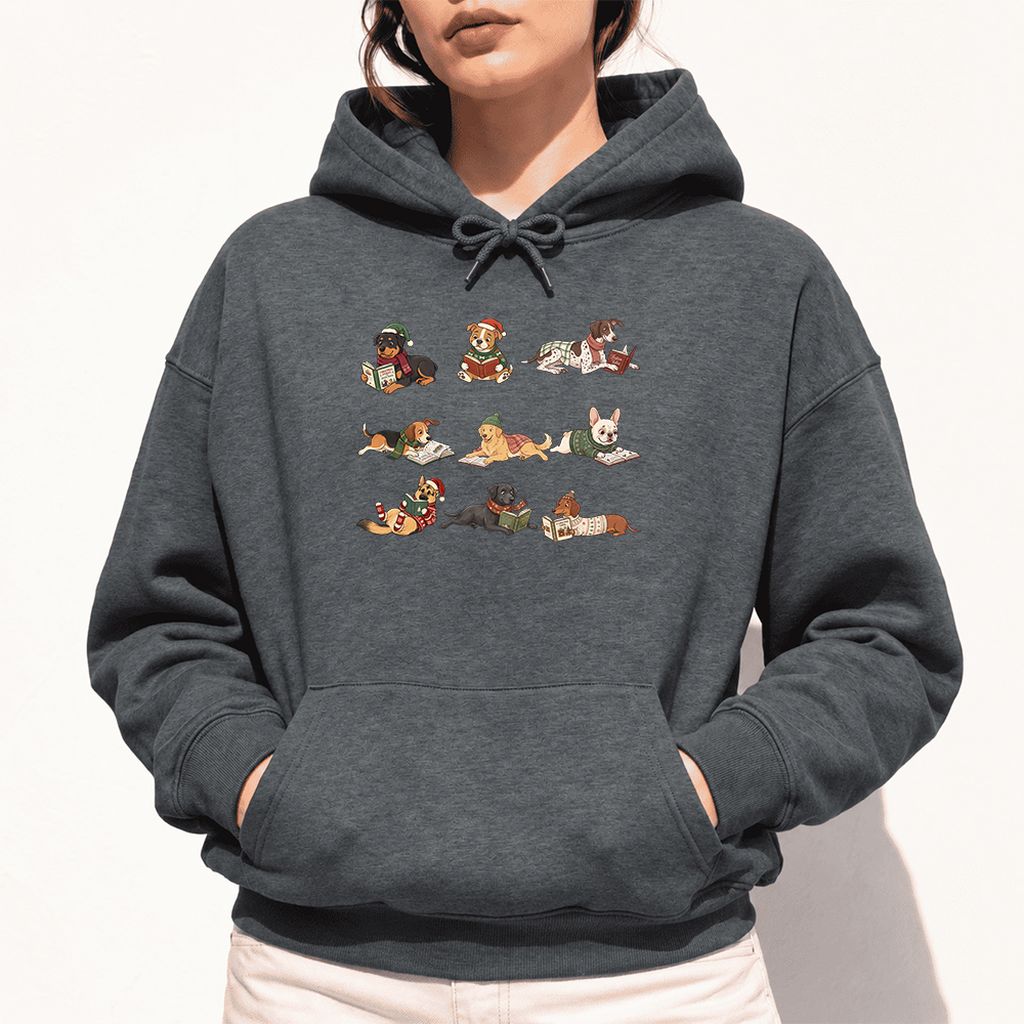 Cozy Dogs Reading Christmas Softstyle Hoodie | Christmas Reader Gift Dark Heather