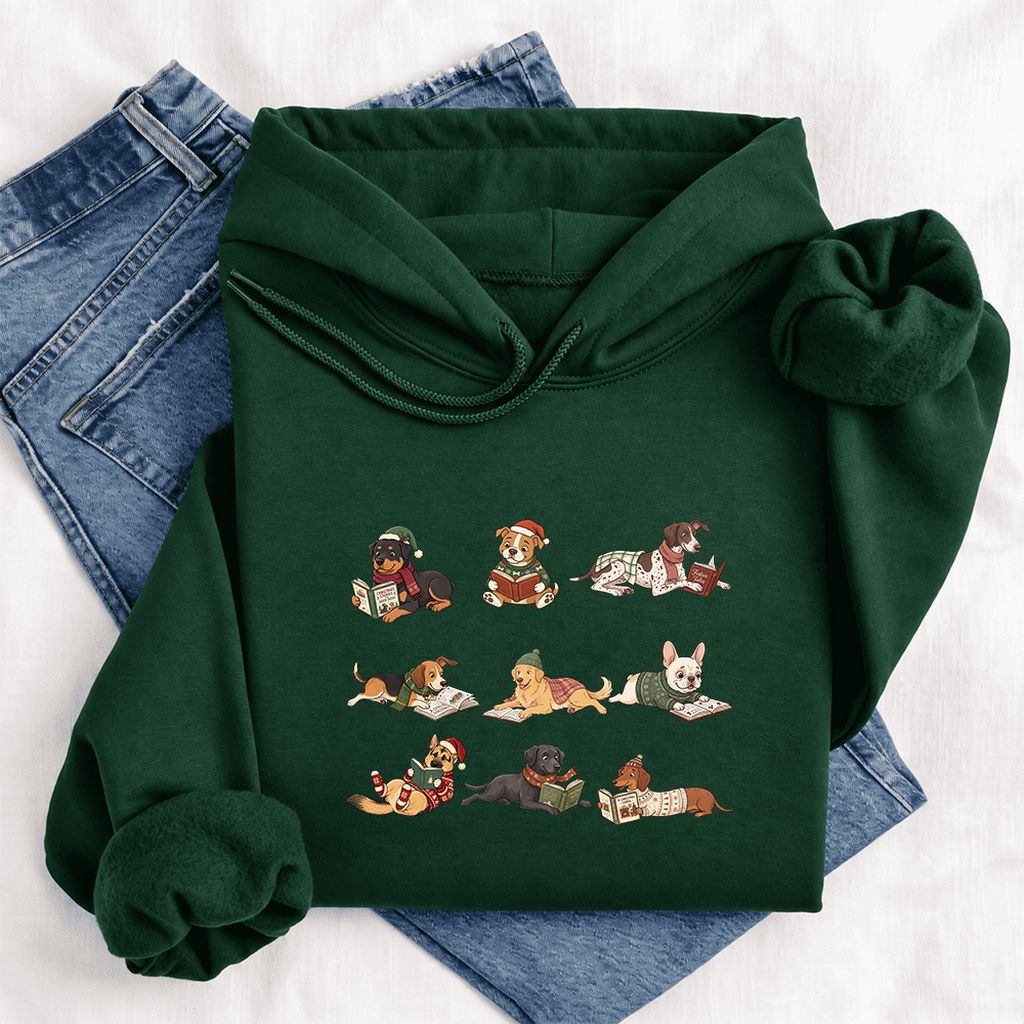 Cozy Dogs Reading Christmas Softstyle Hoodie | Christmas Reader Gift Forest Green