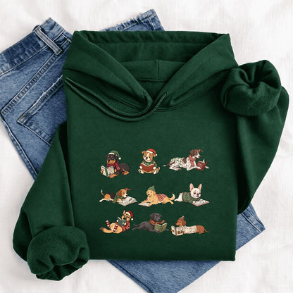 Cozy Dogs Reading Christmas Softstyle Hoodie | Christmas Reader Gift Forest Green