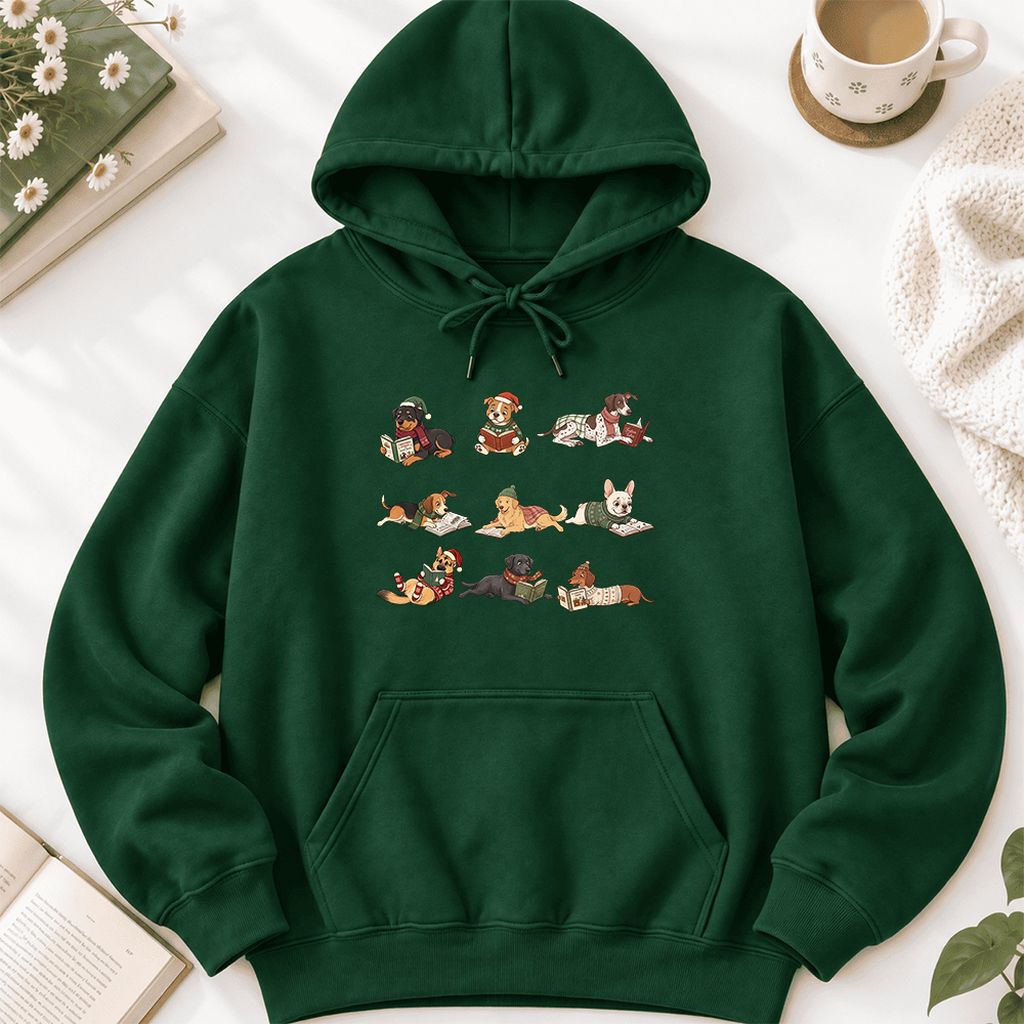 Cozy Dogs Reading Christmas Softstyle Hoodie | Christmas Reader Gift Forest Green
