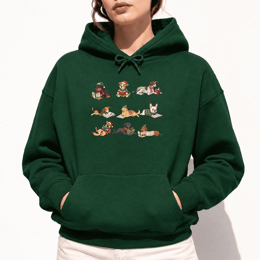 Cozy Dogs Reading Christmas Softstyle Hoodie | Christmas Reader Gift Forest Green