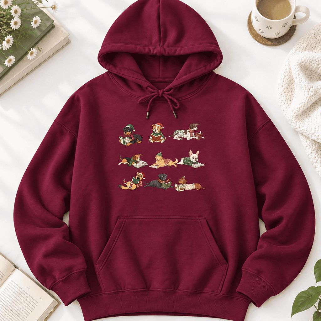 Cozy Dogs Reading Christmas Softstyle Hoodie | Christmas Reader Gift Maroon