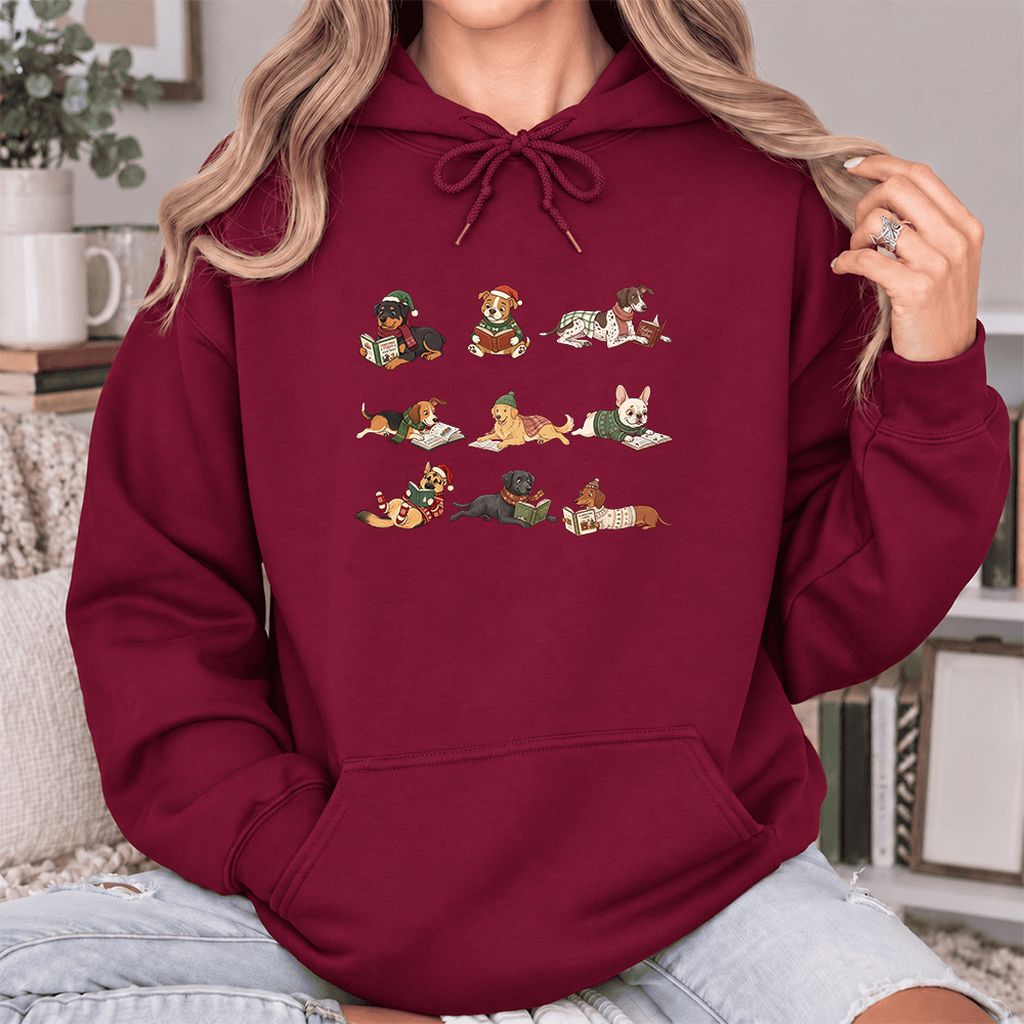 Cozy Dogs Reading Christmas Softstyle Hoodie | Christmas Reader Gift Maroon