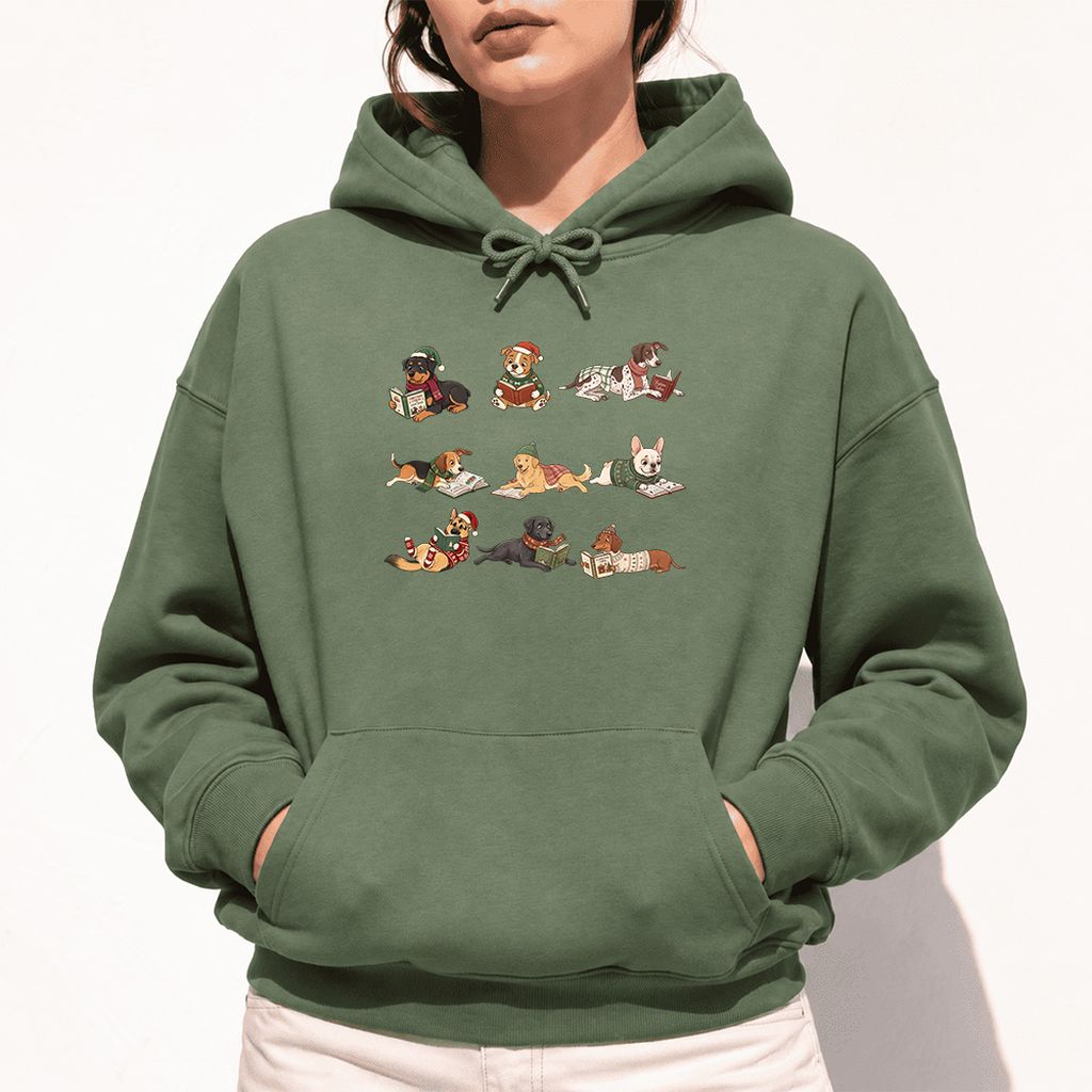 Cozy Dogs Reading Christmas Softstyle Hoodie | Christmas Reader Gift Military Green
