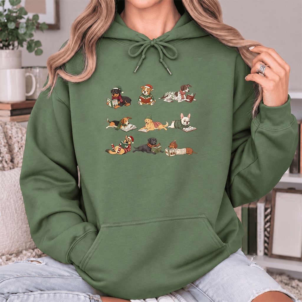 Cozy Dogs Reading Christmas Softstyle Hoodie | Christmas Reader Gift Military Green