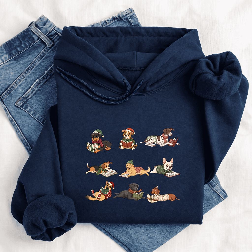 Cozy Dogs Reading Christmas Softstyle Hoodie | Christmas Reader Gift Navy
