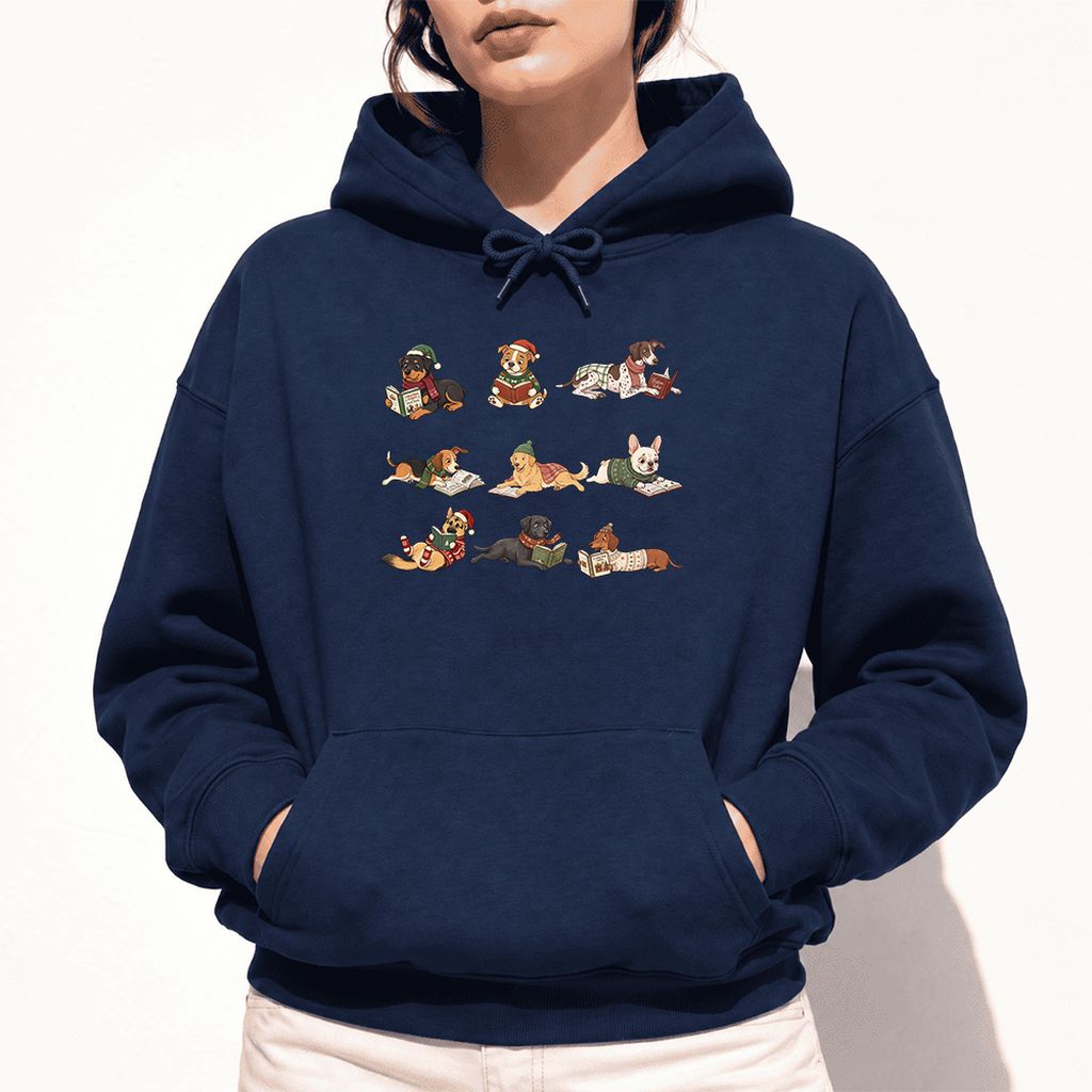 Cozy Dogs Reading Christmas Softstyle Hoodie | Christmas Reader Gift Navy