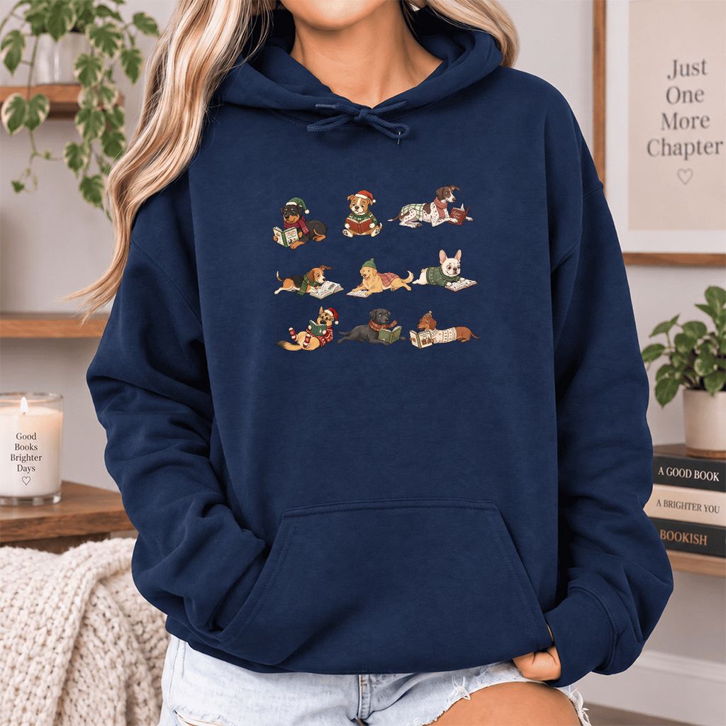 Cozy Dogs Reading Christmas Softstyle Hoodie | Christmas Reader Gift Navy