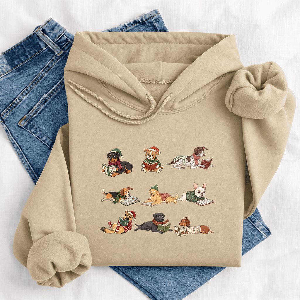 Cozy Dogs Reading Christmas Softstyle Hoodie | Christmas Reader Gift Sand