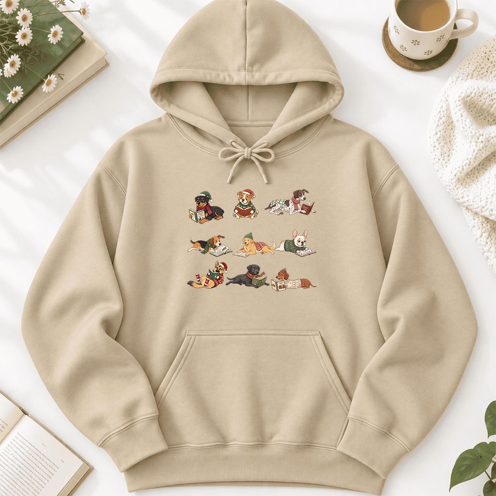 Cozy Dogs Reading Christmas Softstyle Hoodie | Christmas Reader Gift Sand