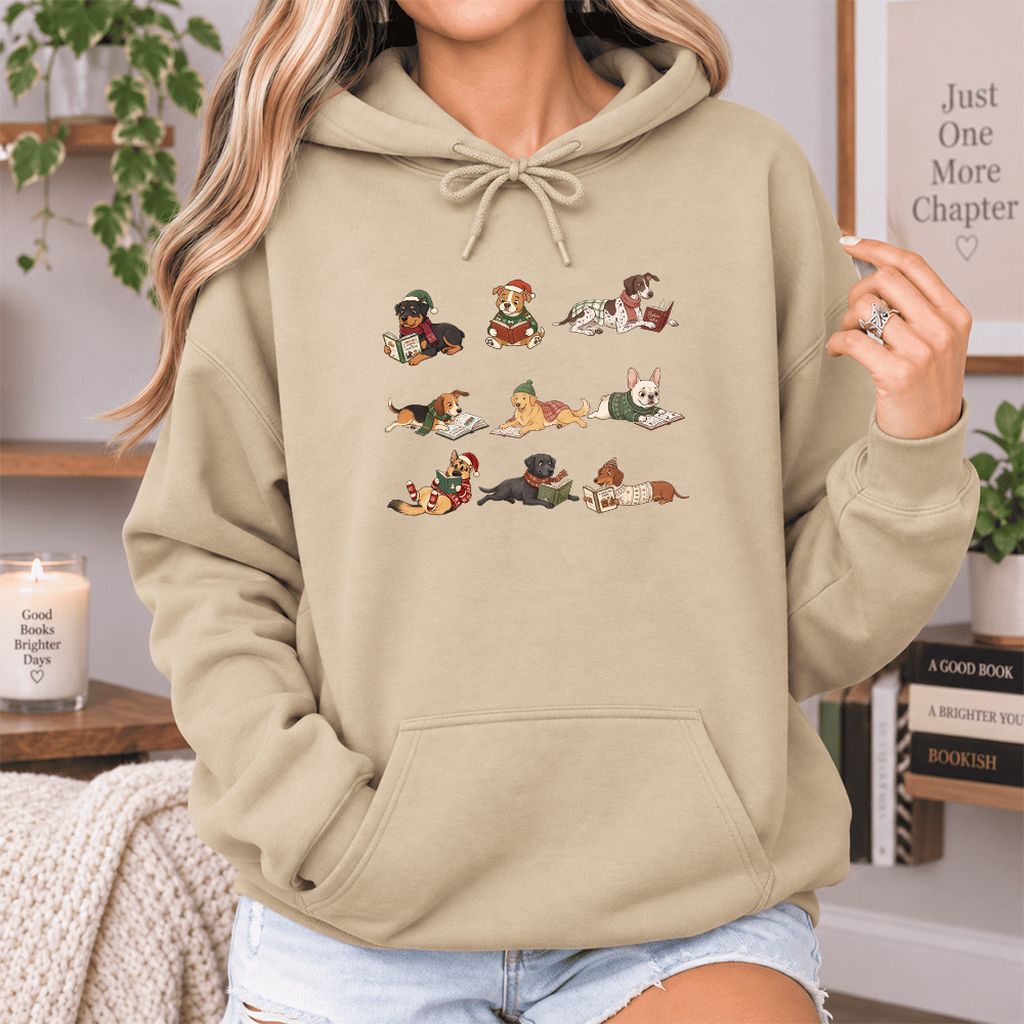 Cozy Dogs Reading Christmas Softstyle Hoodie | Christmas Reader Gift Sand