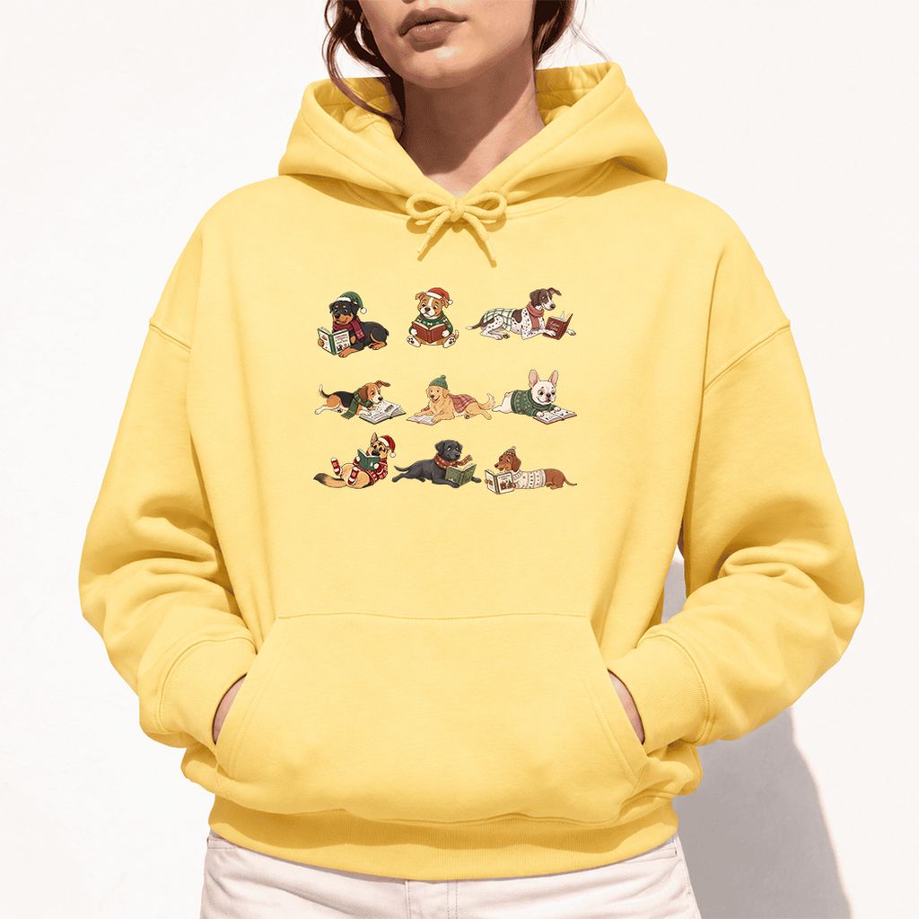 Cozy Dogs Reading Christmas Softstyle Hoodie | Christmas Reader Gift Yellow Haze