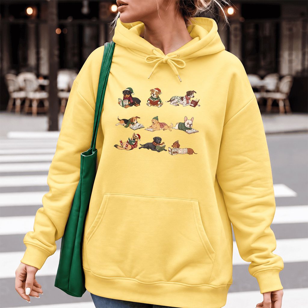 Cozy Dogs Reading Christmas Softstyle Hoodie | Christmas Reader Gift Yellow Haze
