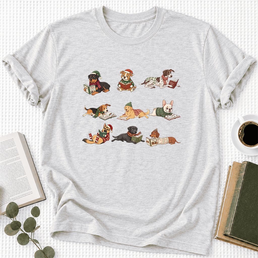 Cozy Dogs Reading Christmas Ultra-Soft Cotton T-Shirt | Christmas Reader Gift Ash