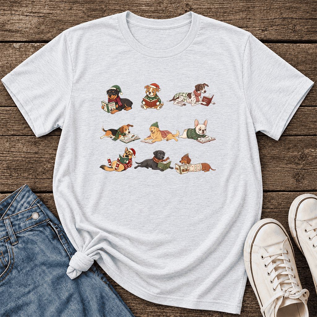 Cozy Dogs Reading Christmas Ultra-Soft Cotton T-Shirt | Christmas Reader Gift Ash