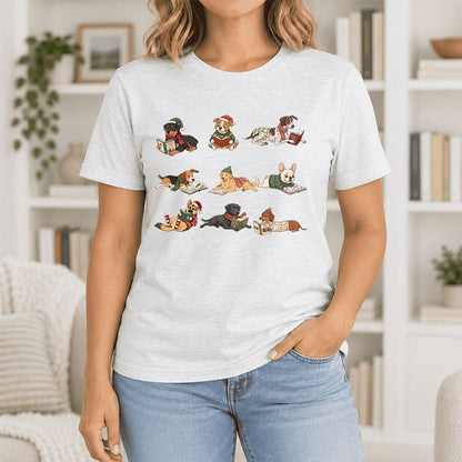 Cozy Dogs Reading Christmas Ultra-Soft Cotton T-Shirt | Christmas Reader Gift Ash