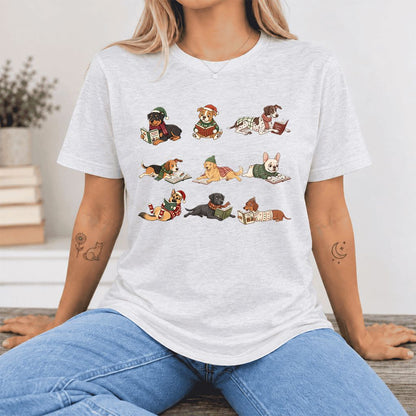 Cozy Dogs Reading Christmas Ultra-Soft Cotton T-Shirt | Christmas Reader Gift Ash