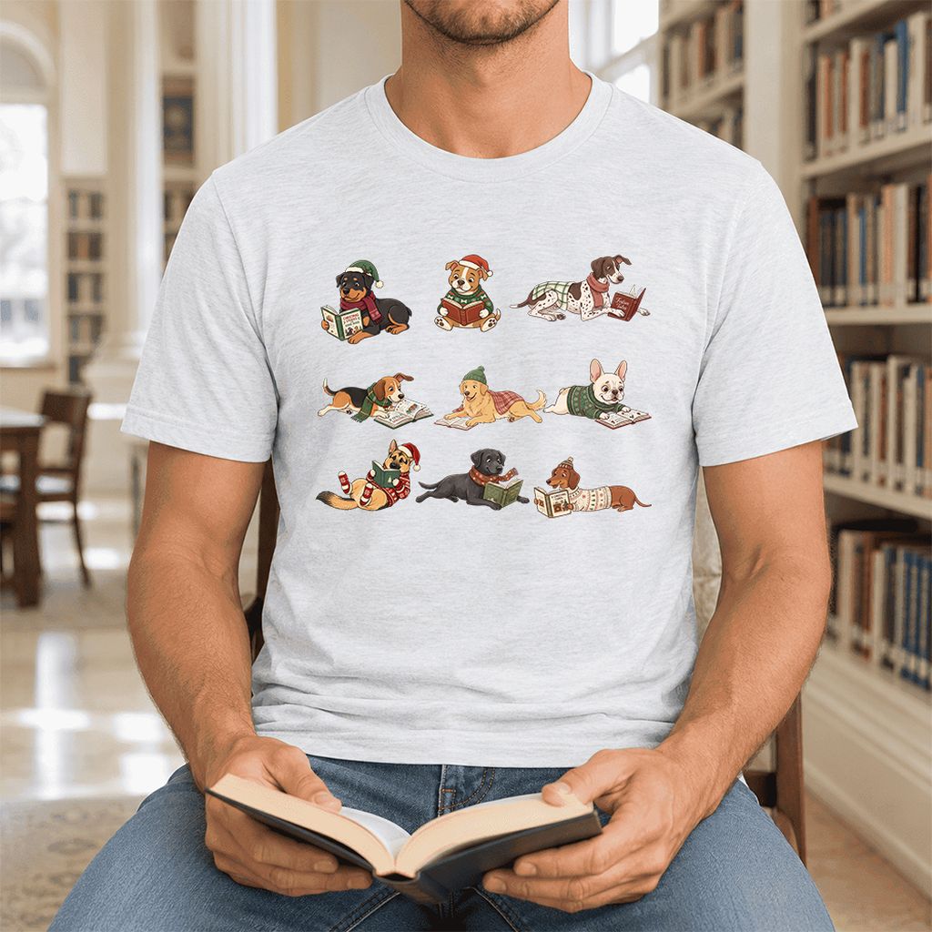 Cozy Dogs Reading Christmas Ultra-Soft Cotton T-Shirt | Christmas Reader Gift Ash