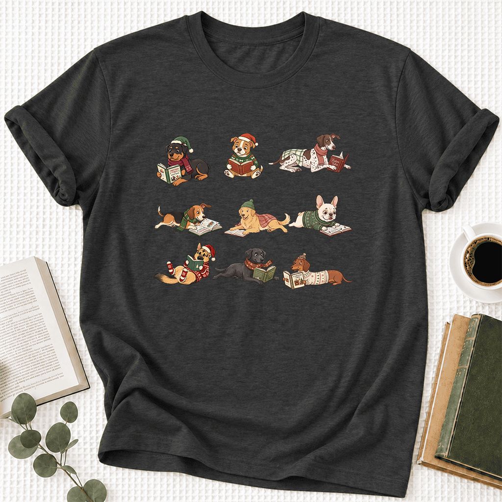 Cozy Dogs Reading Christmas Ultra-Soft Cotton T-Shirt | Christmas Reader Gift Dark Grey Heather