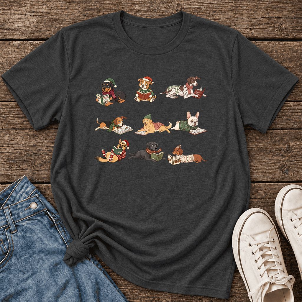 Cozy Dogs Reading Christmas Ultra-Soft Cotton T-Shirt | Christmas Reader Gift Dark Grey Heather