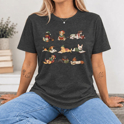 Cozy Dogs Reading Christmas Ultra-Soft Cotton T-Shirt | Christmas Reader Gift Dark Grey Heather