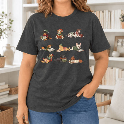 Cozy Dogs Reading Christmas Ultra-Soft Cotton T-Shirt | Christmas Reader Gift Dark Grey Heather