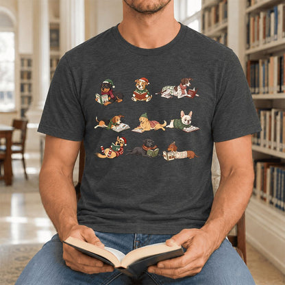 Cozy Dogs Reading Christmas Ultra-Soft Cotton T-Shirt | Christmas Reader Gift Dark Grey Heather