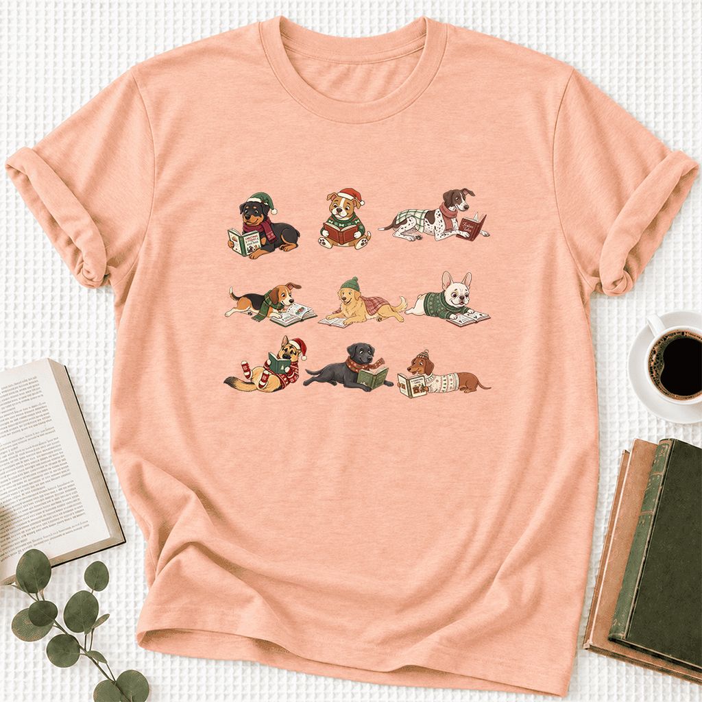 Cozy Dogs Reading Christmas Ultra-Soft Cotton T-Shirt | Christmas Reader Gift Heather Peach