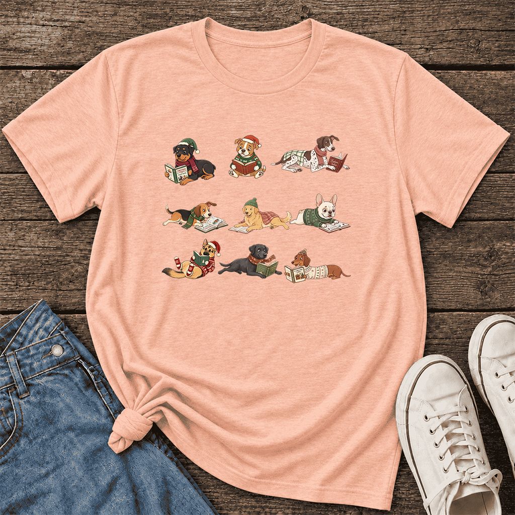 Cozy Dogs Reading Christmas Ultra-Soft Cotton T-Shirt | Christmas Reader Gift Heather Peach