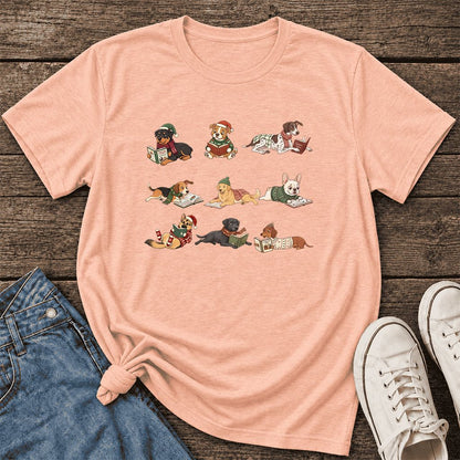 Cozy Dogs Reading Christmas Ultra-Soft Cotton T-Shirt | Christmas Reader Gift Heather Peach
