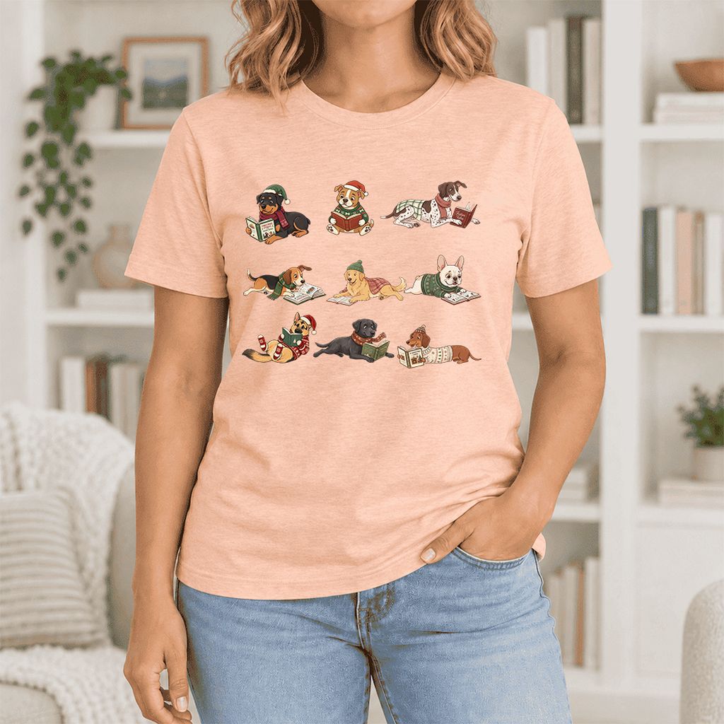 Cozy Dogs Reading Christmas Ultra-Soft Cotton T-Shirt | Christmas Reader Gift Heather Peach