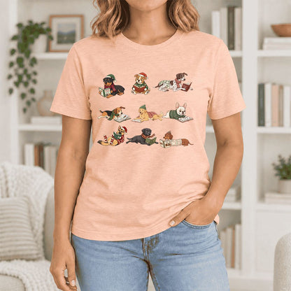 Cozy Dogs Reading Christmas Ultra-Soft Cotton T-Shirt | Christmas Reader Gift Heather Peach