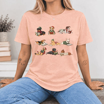 Cozy Dogs Reading Christmas Ultra-Soft Cotton T-Shirt | Christmas Reader Gift Heather Peach